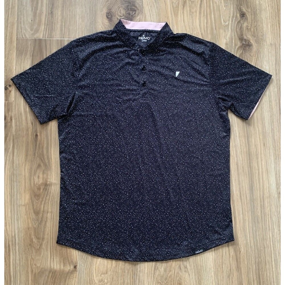 PRIMO Polo Shirt Mens L Blue White Waves Print Blade Collar Performance Golf